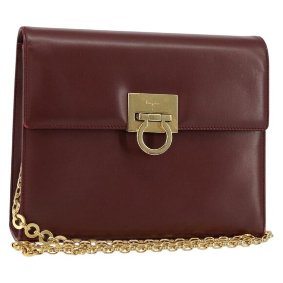 Authentic Salvatore Ferragamo Gancini Chain Shoulder Bag Leather Bordeaux Gold